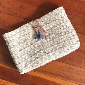 Anthropologie Straw & Leather Tassel Clutch
